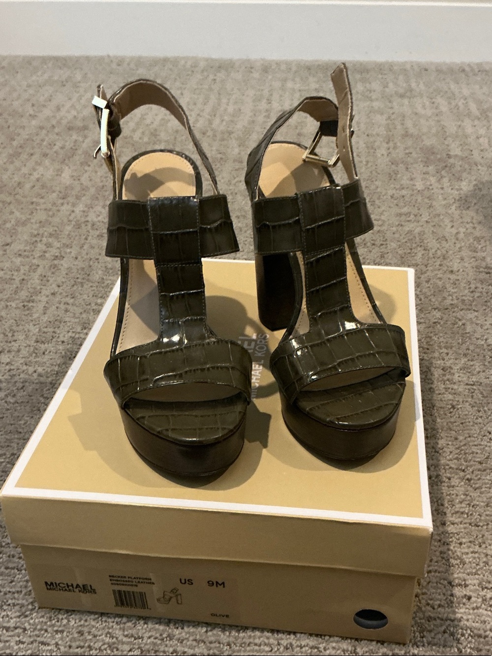 Michael Kors Olive Croc-Embossed Platform T-Strap Heels